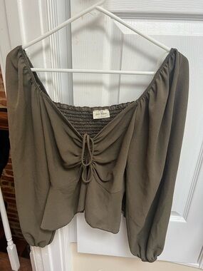 Free People Olive Off-Shoulder Tie-Front Peasant Blouse